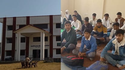 दरी पर बैठकर पढ़ते बच्चे