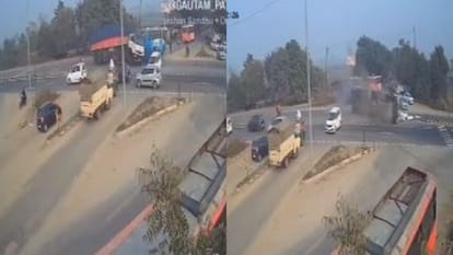 बस को छूकर अनियंत्रित होकर पलटा ट्रक