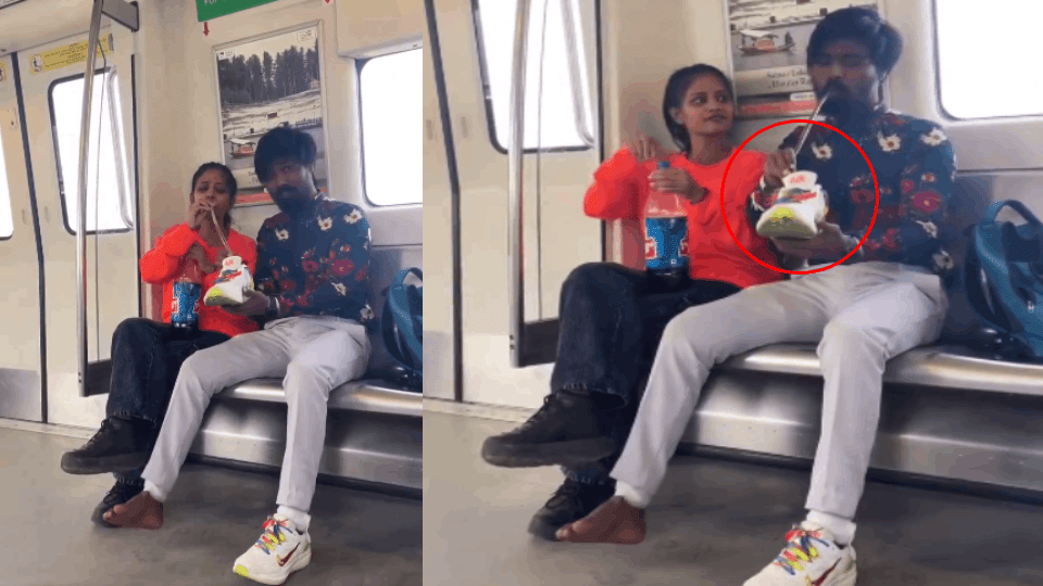 couple drinking cold drink in their shoes in Delhi Metro video viral on social media