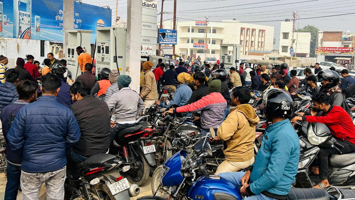 Crowd gathered at the pump to fill diesel and petrol, half of them were dry by late evening