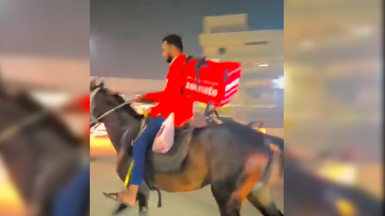 zomato delivery boy delivers order on horse hyderabad video viral on social media