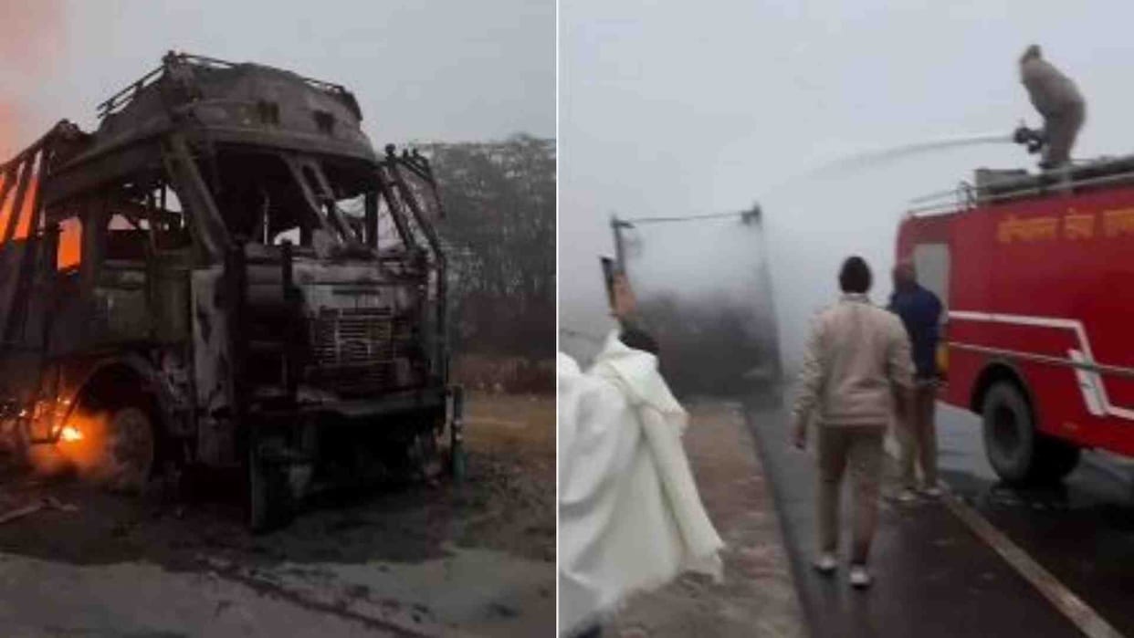 Truck filled with plastic granules caught fire on Ajmer Highway