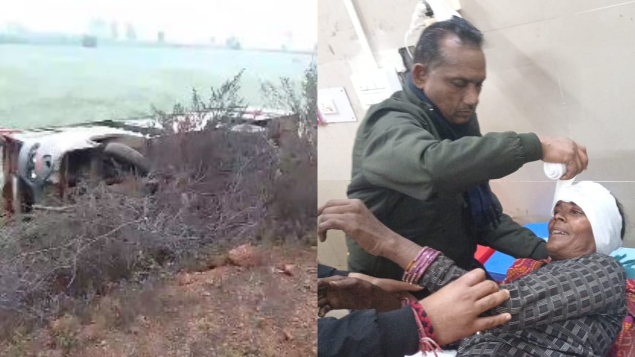 Bus Accident In Guna Passenger bus coming from Sirsi to Guna overturned 13 people injured