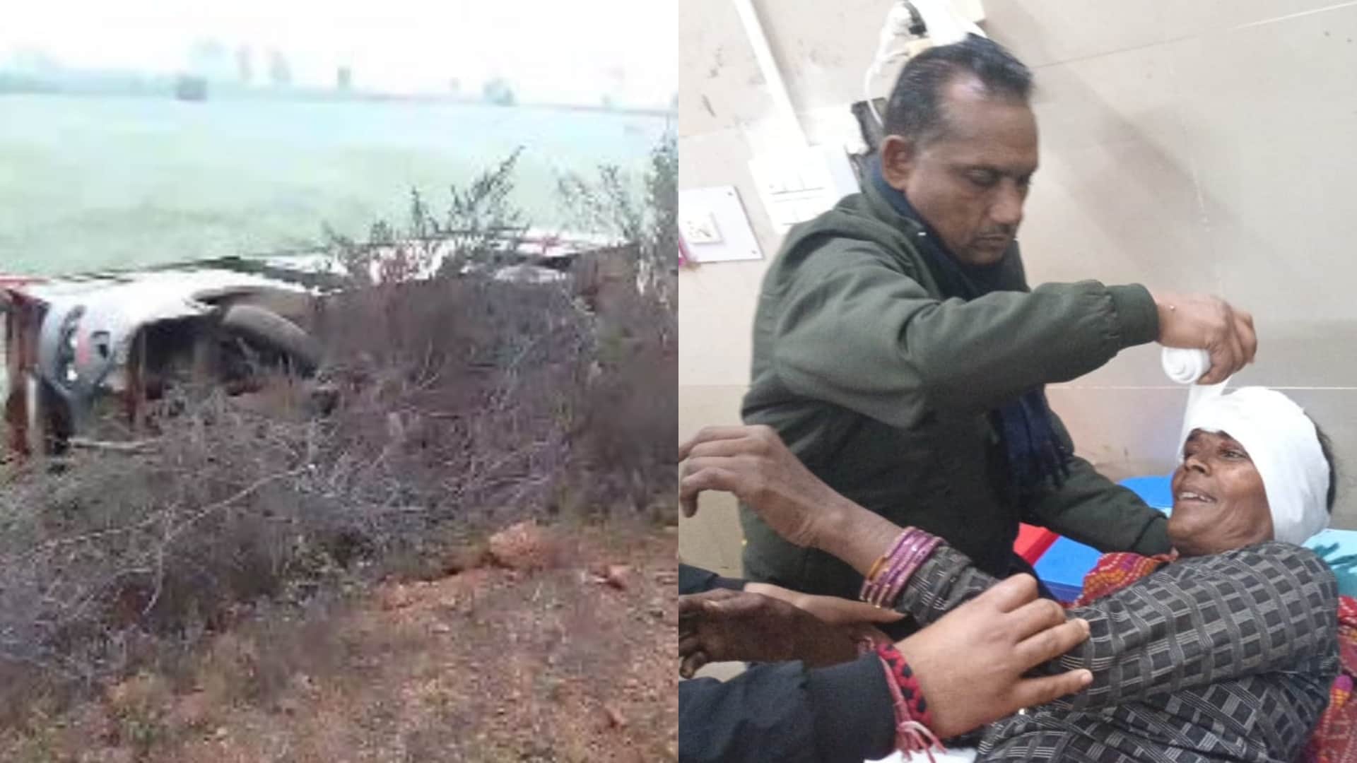 पलटी हुई बस और घायल यात्री