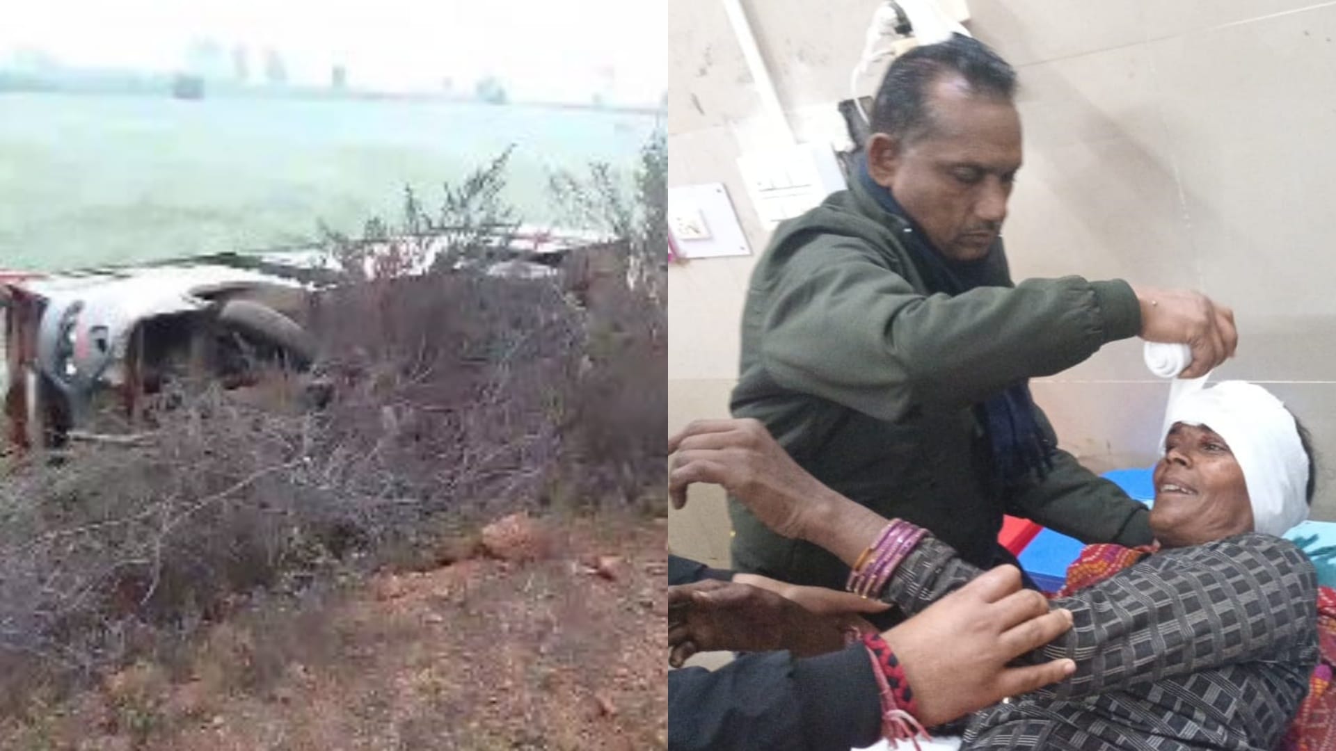 पलटी हुई बस और घायल यात्री