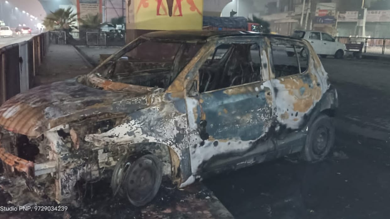 Panipat: Swift car of senior manager of insurance company parked in the parking lot burnt