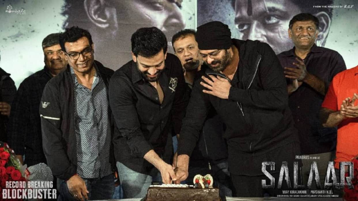 salaar Success Party Prithviraj Sukumaran Prabhas Prashanth Neel cut a cake Pictures goes viral on Internet