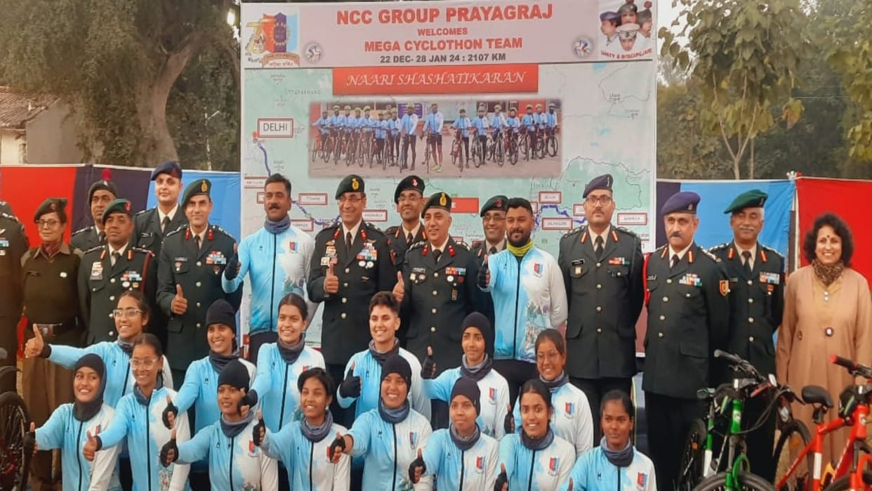 NCC Mega Cyclothon rally reached Prayagraj received a warm welcome in the stadium.