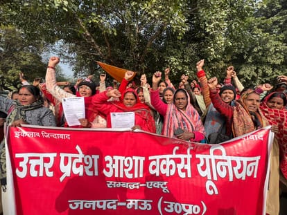 Asha workers demonstrated in Mau demanding maternity leave and payment for work in Mau