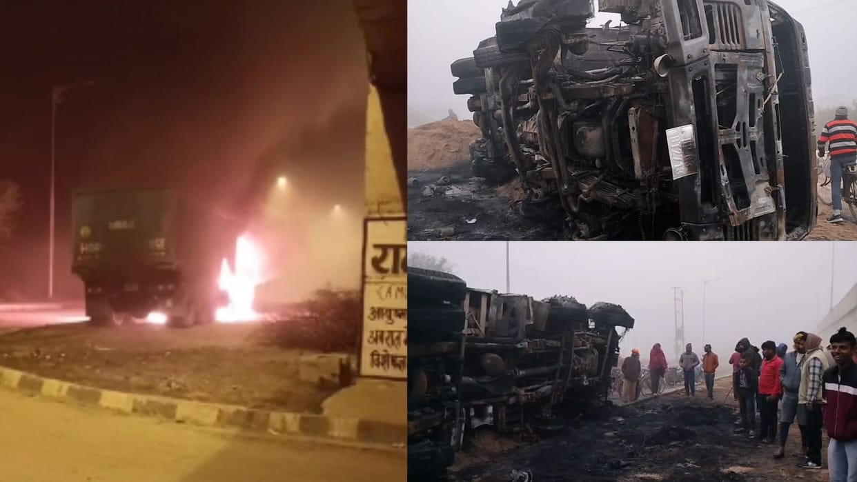 young man died due to fire due to collision between bike and truck in Mirzapur
