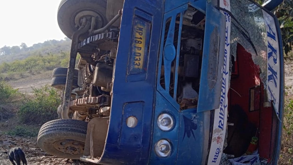 In A Major Road Mishap Bus Overturns, Several Injured, One Serious