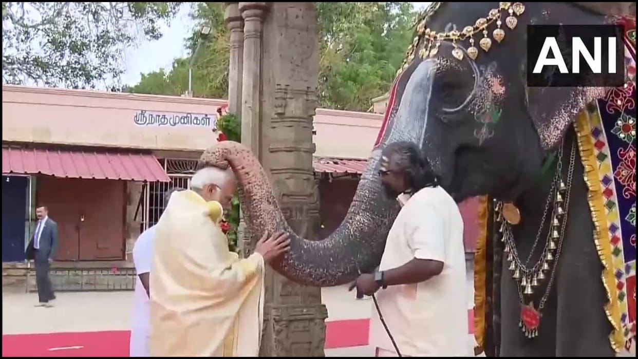 An elephant at Sri Ranganathaswamy Temple in Tiruchirappalli blessed Prime Minister Narendra Modi
