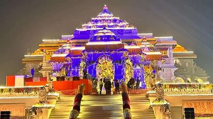 Ayodhya Ram Mandir Ram temple illuminated with flowers and colorful lights