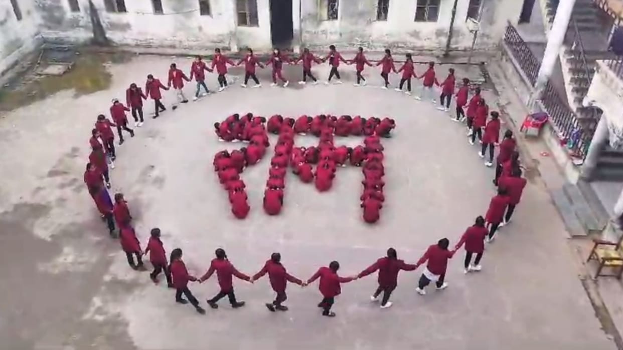 Students made human series in a school in Shravasti.