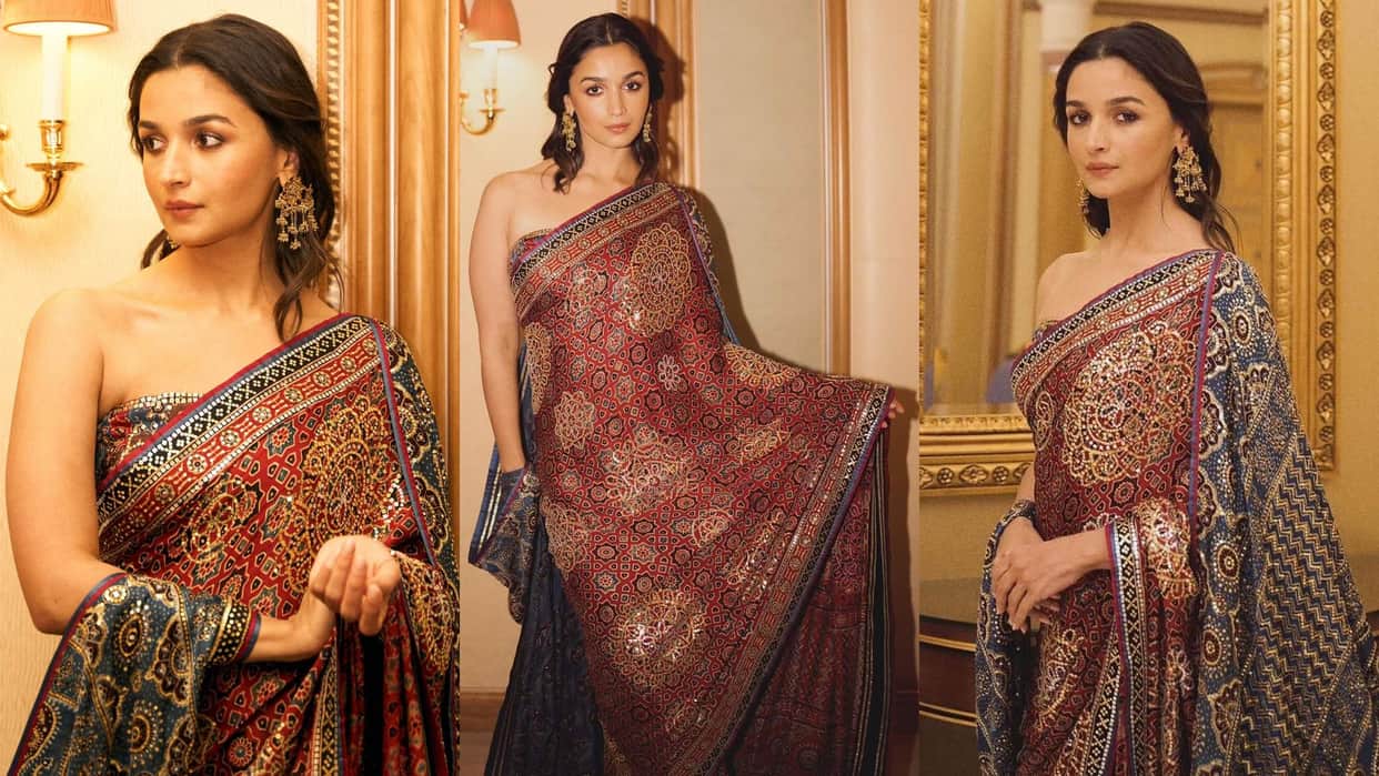 saudi arab joy awards 2024 alia bhatt wore designer ajrakh print saree designed by abu jani sandeep khosla