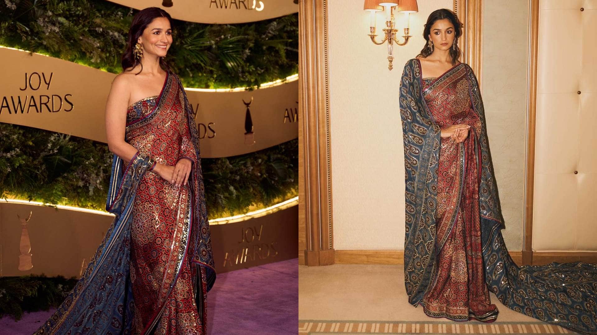 saudi arab joy awards 2024 alia bhatt wore designer ajrakh print saree designed by abu jani sandeep khosla
