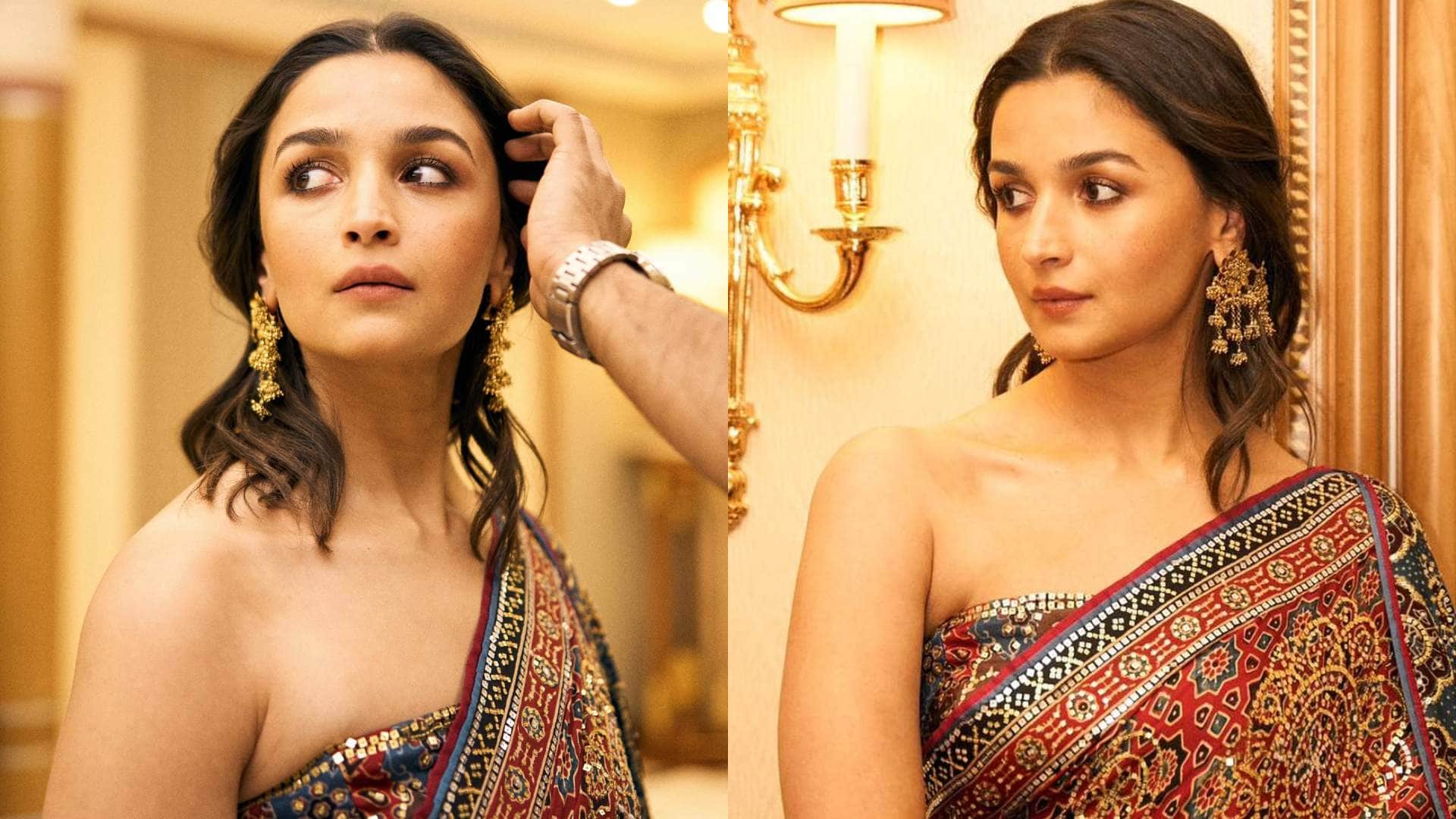 saudi arab joy awards 2024 alia bhatt wore designer ajrakh print saree designed by abu jani sandeep khosla