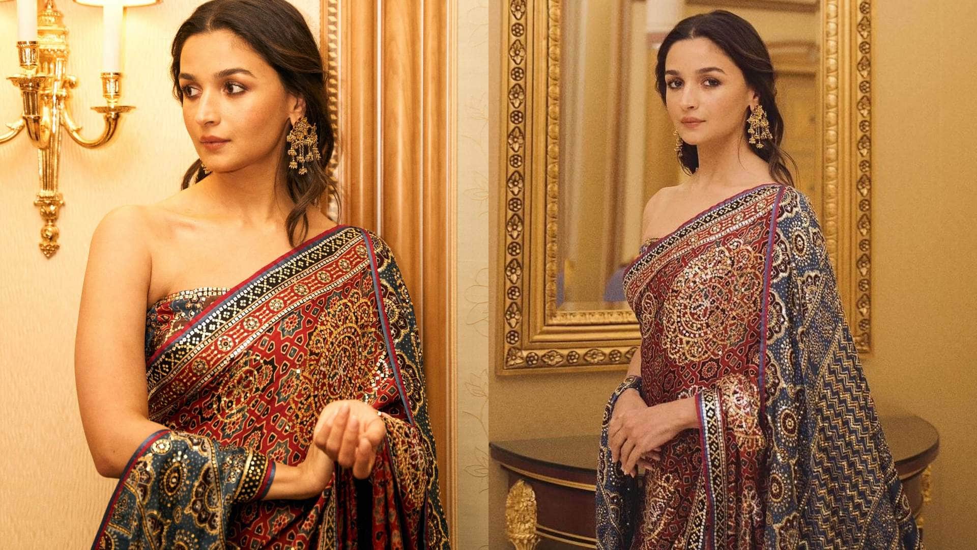 saudi arab joy awards 2024 alia bhatt wore designer ajrakh print saree designed by abu jani sandeep khosla
