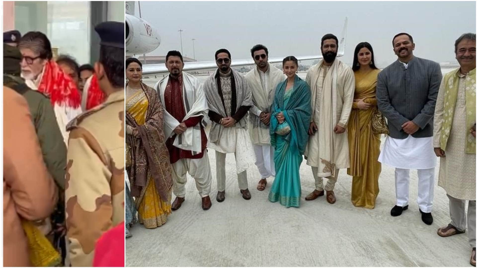Ranbir kapoor puts his arm around vicky kaushal as they pose at Ayodhya Ram Mandir with other bollywood celebs