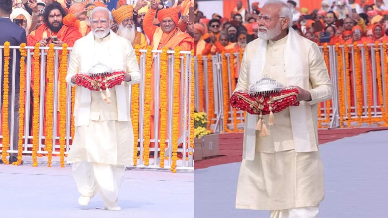 ram mandir 2024 PM modi in ayodhya ram mandir pran pratishtha PM modi look