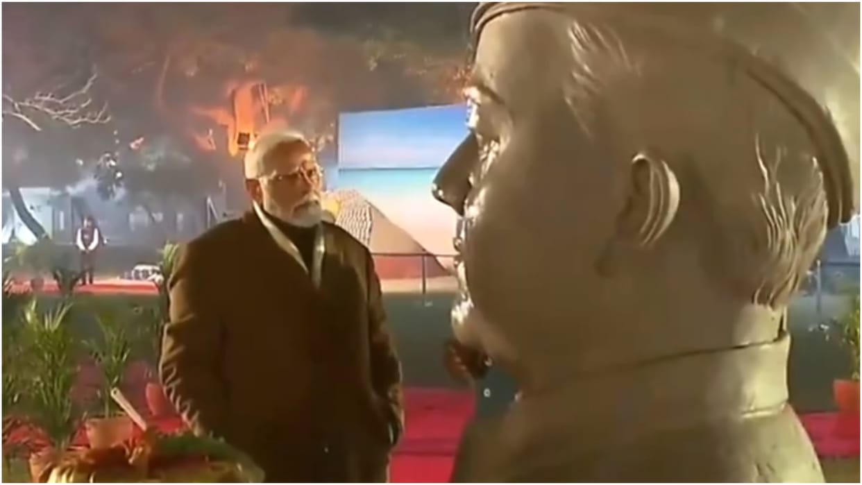 Prime Minister Narendra Modi inspects an exhibition at Red Fort organised on the occasion of Parakram Diwas