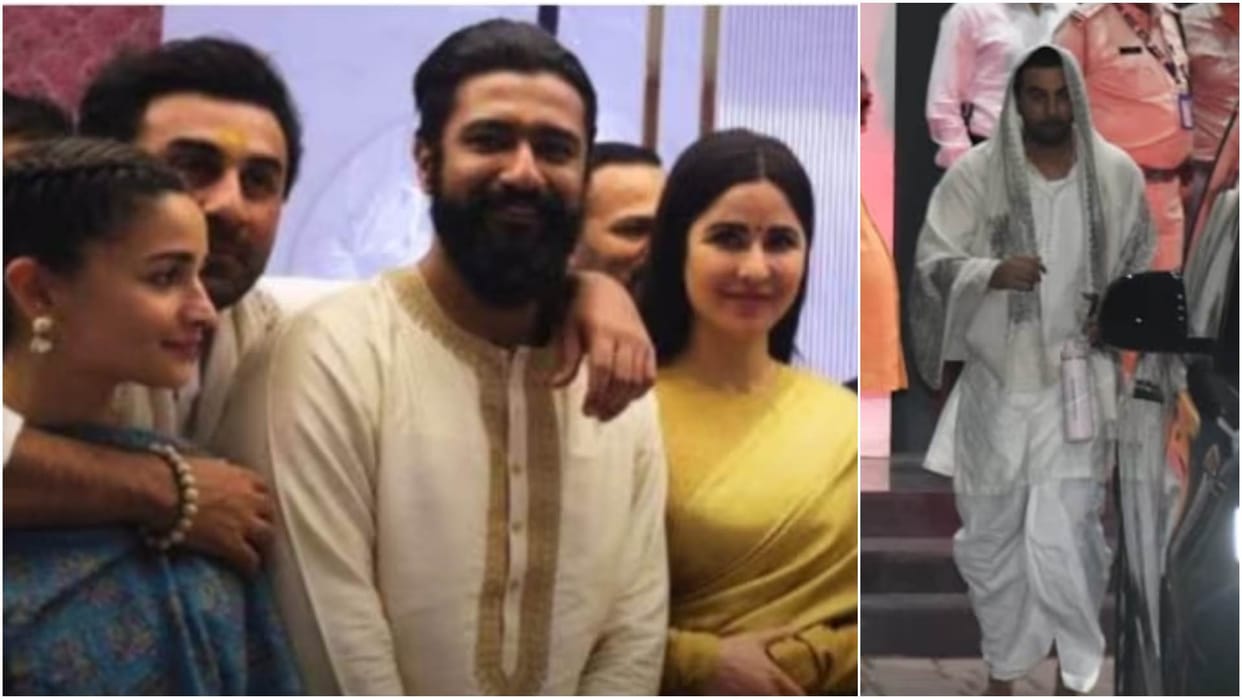 Ranbir kapoor puts his arm around vicky kaushal as they pose at Ayodhya Ram Mandir with other bollywood celebs