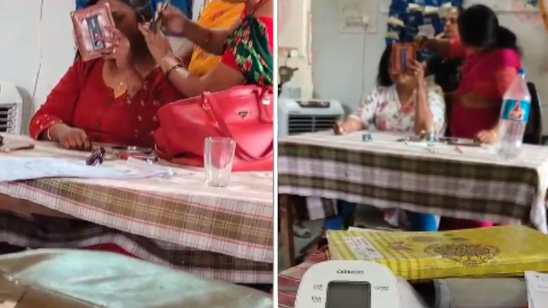 देवास की एएनएम अस्पताल में ही बालों को रंगवा रही हैं।