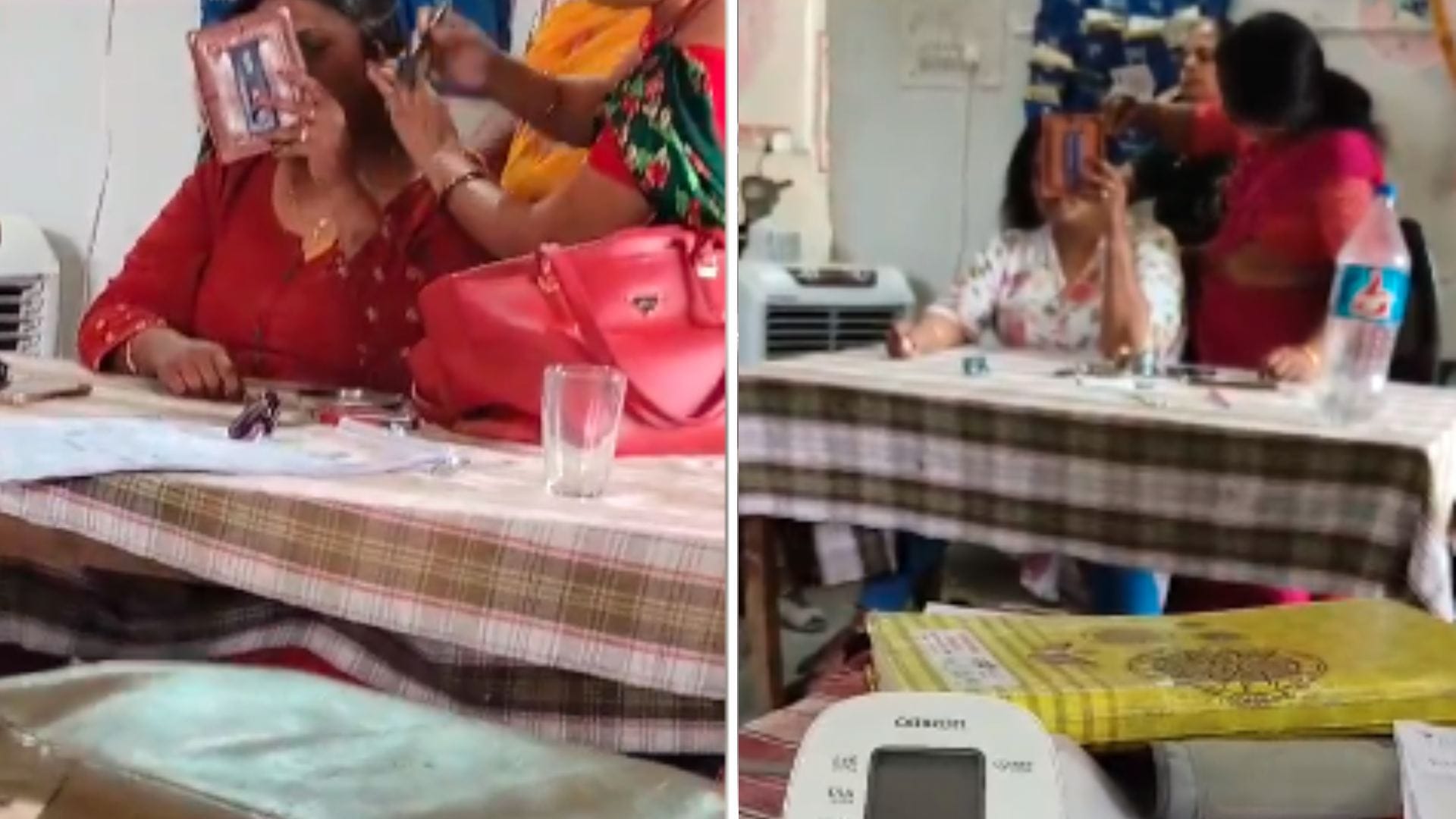 देवास की एएनएम अस्पताल में ही बालों को रंगवा रही हैं।