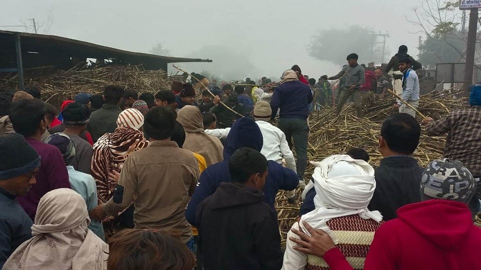 Overloaded truck filled with sugarcane overturns on the highway during Tricolor Yatra