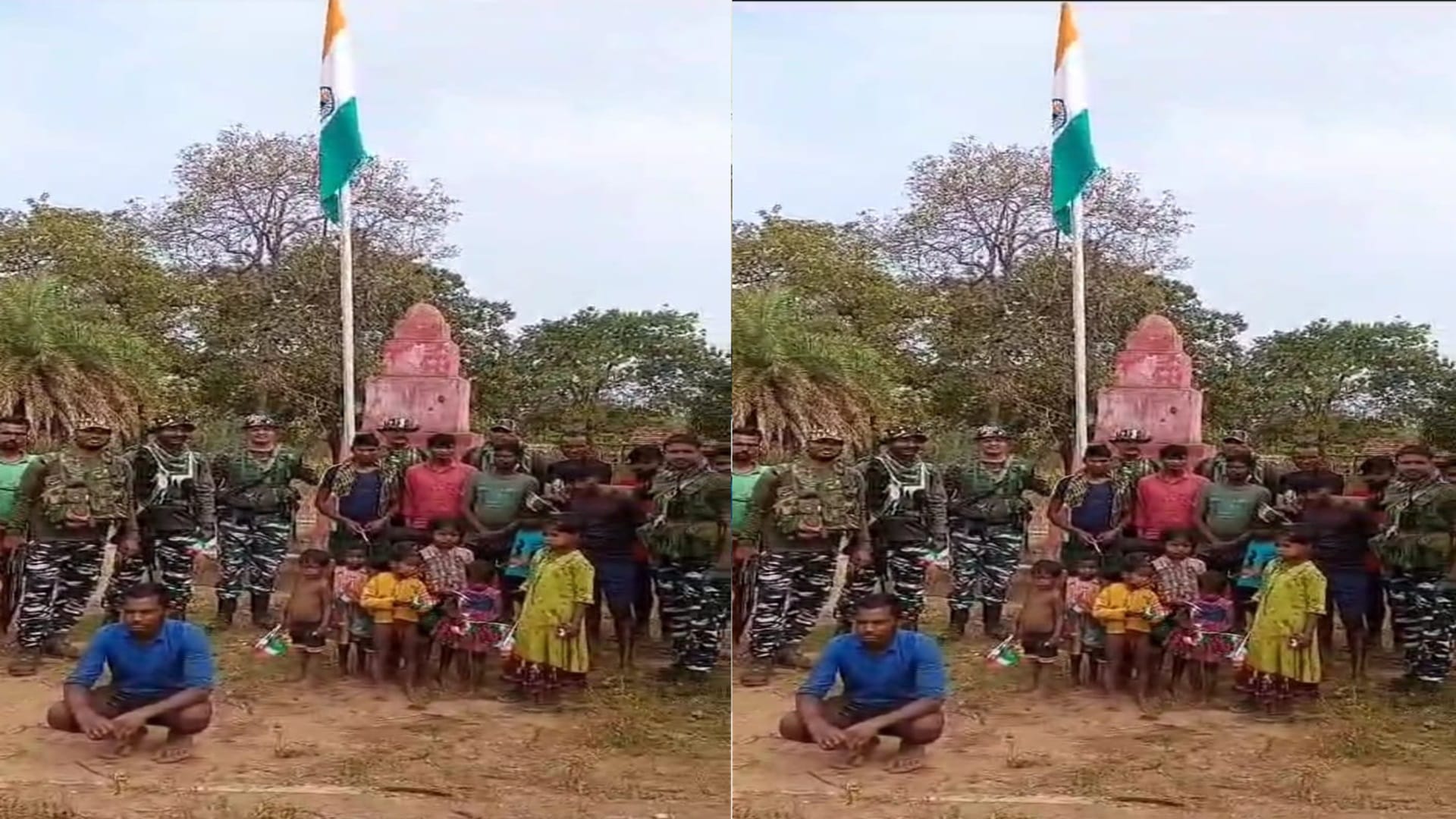 जवानों और ग्रामीणों ने नक्सल स्मारक के ठीक आगे तिरंगा फहराया।