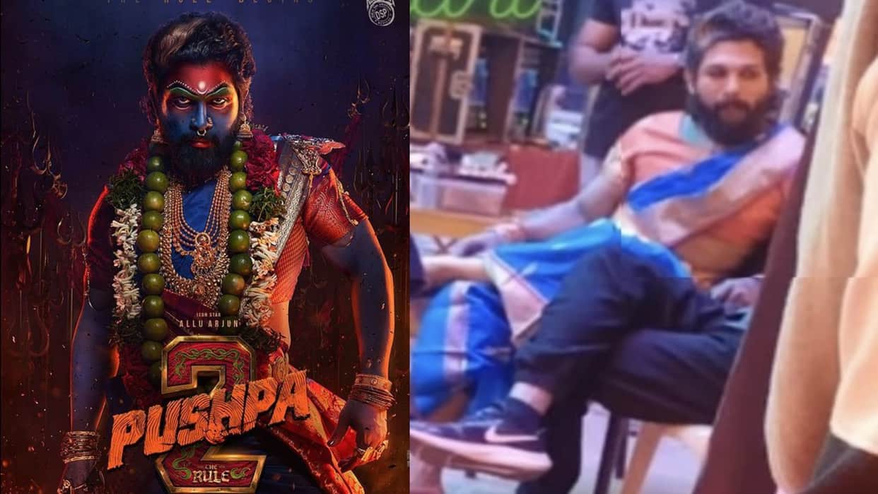 allu arjun pic in saree leaked from sukumar directorial pushpa 2 the rule film set Gangamma Thalli look viral
