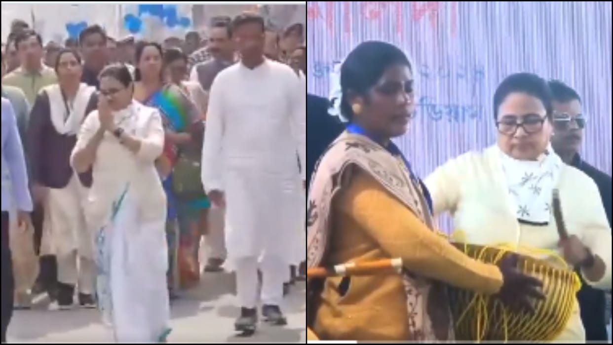Bengal CM Mamata Banerjee holds padyatra in Malda tried her hands at playing the drums during an event
