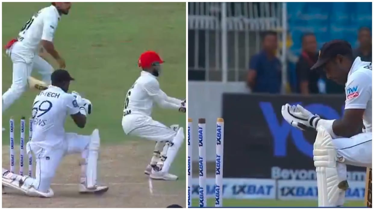 SL vs AFG Angelo Mathews hit wicket out Sri Lanka vs Afghanistan Test video watch