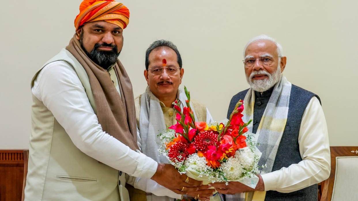 Bihar Deputy CMs Samrat Choudhary and Vijay Kumar Sinha meet PM Narendra Modi in the Parliament complex