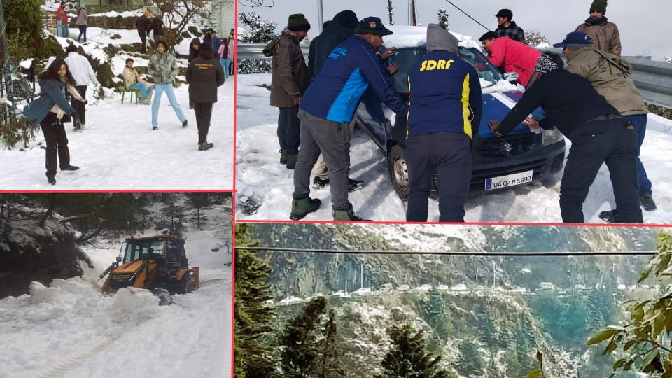 Uttarakhand Weather Snowfall in Dhanaulti Kanatal Tourists face traffic jam 25 people trapped in Chakrata