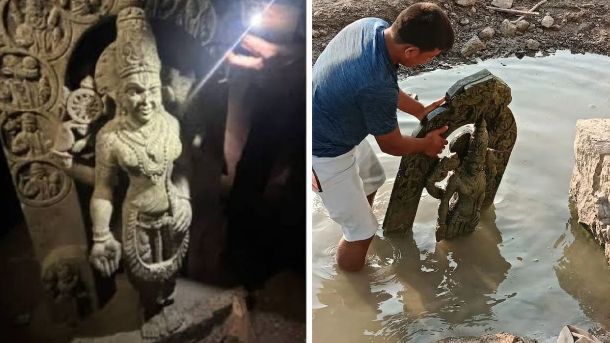 Ancient idol of Lord Vishnu Resembling Ayodhya Ram Lalla Statue found near Krishna river in Raichur Karnataka