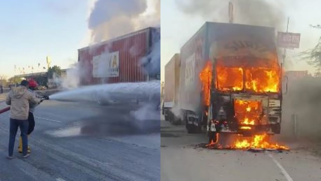 Ajmer Container caught fire on National Highway driver and passenger saved their lives by jumping