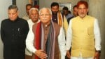 नामांकन भरकर बाहर आते सुभाष बराला, सीएम मनोहर लाल।