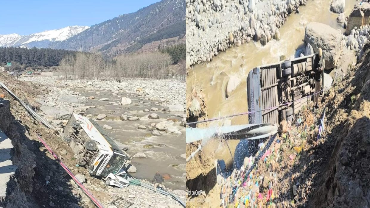 Private bus goes out of control in Manali and falls into Beas river, car also hit