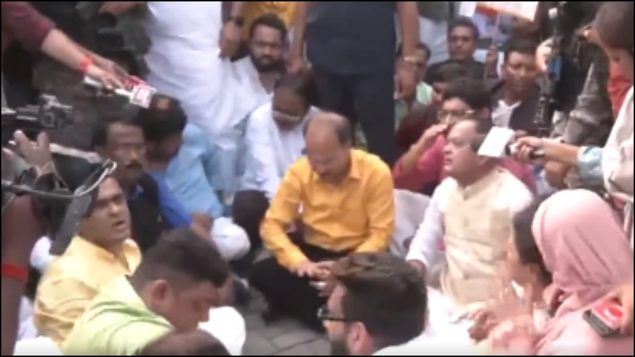 Adhir Ranjan Chowdhury sits on a protest in Rampur he was stopped from going to Sandeshkhali