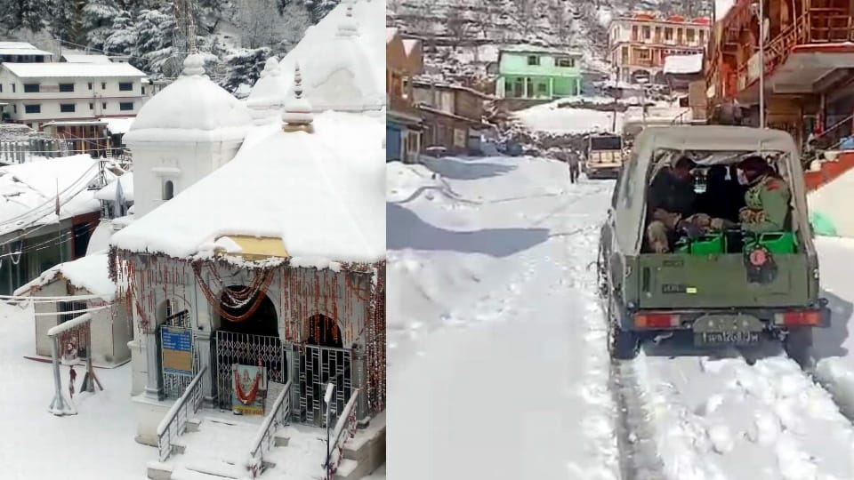 Uttarakhand Weather Snowfall Today Badrinath Dham Covered with thick blanket of Snow Gangotri highway closed