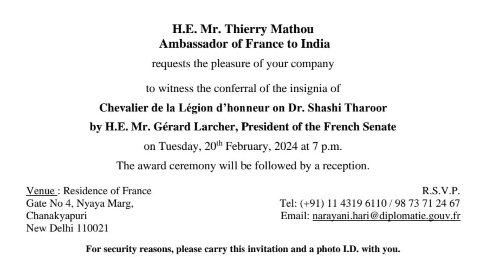 Congress MP Shashi Tharoor France highest civilian honour Knight of the Legion of Honor