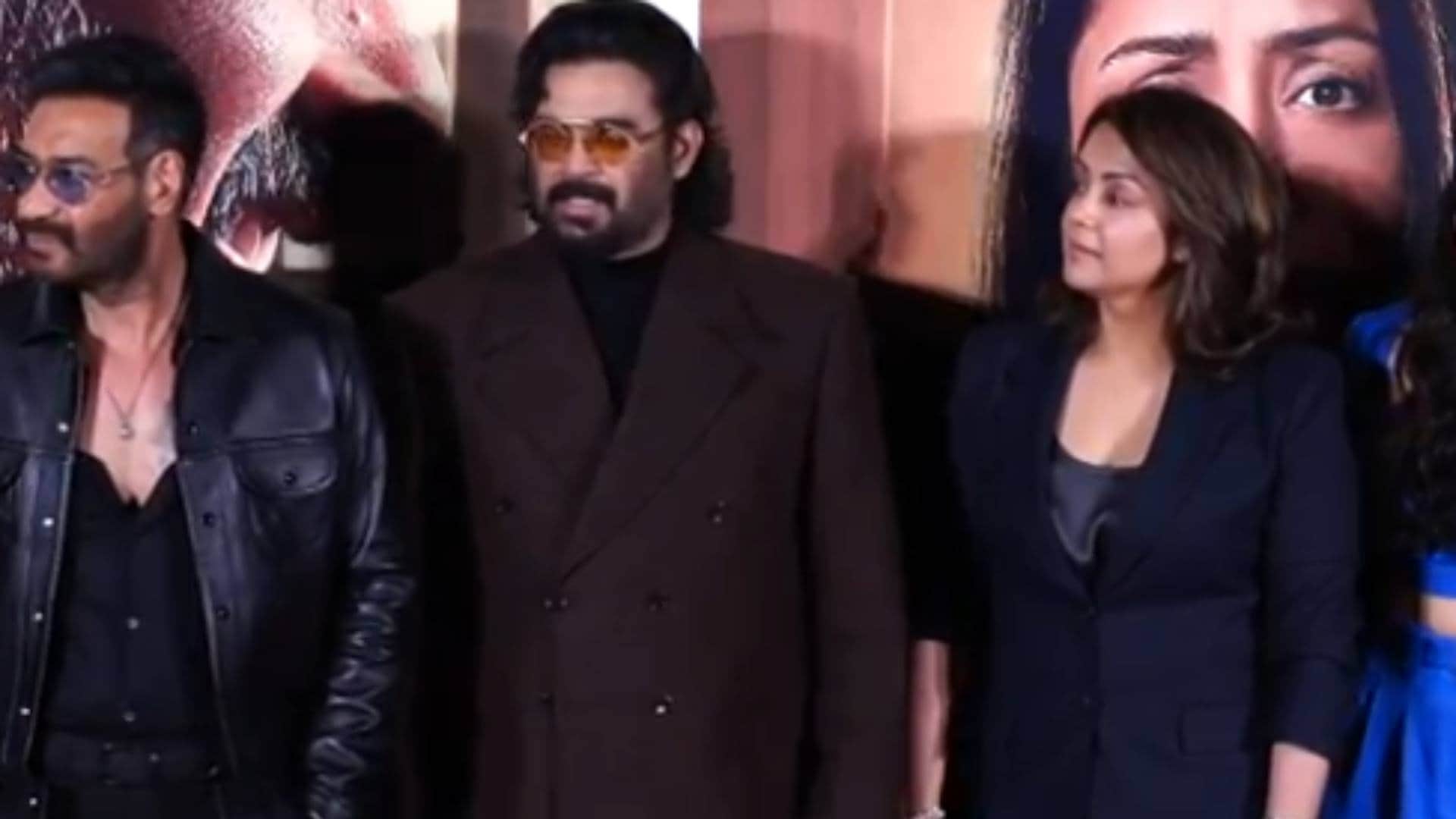 Ajay Devgn R Madhavan and Jyotika were present at the trailer launch event of their upcoming film Shaitaan