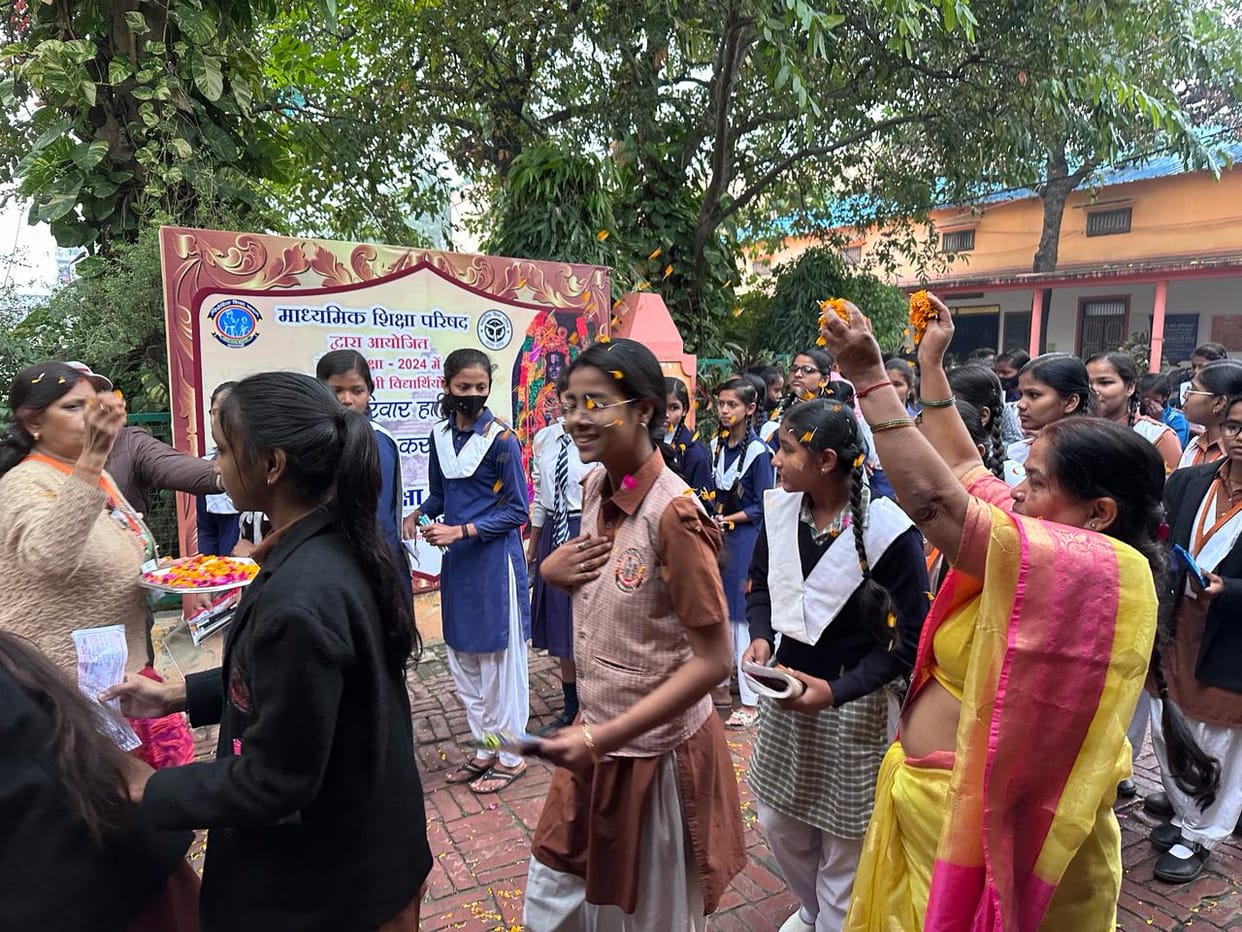 UP Board Exam 2024 Students welcomed with flower showers at exam centers of Varanasi
