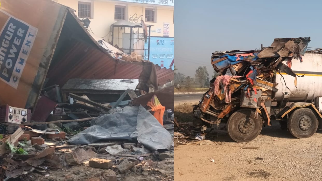 An uncontrolled tanker trampled 20 shops near road in Sitapur.