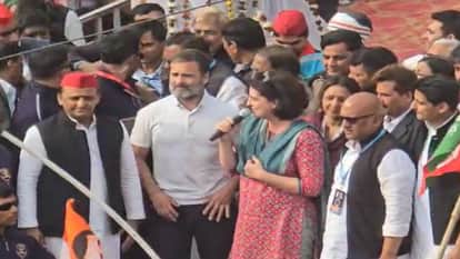 भारत जोड़ो न्याय यात्रा में अखिलेश यादव, राहुल गांधी और प्रियंका गांधी के साथ कार्यकर्ता