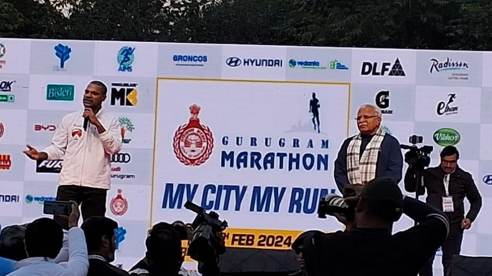Haryana Chief Minister Manohar Lal and Cricketer Shikhar Dhawan flag off the Gurugram Marathon 2024