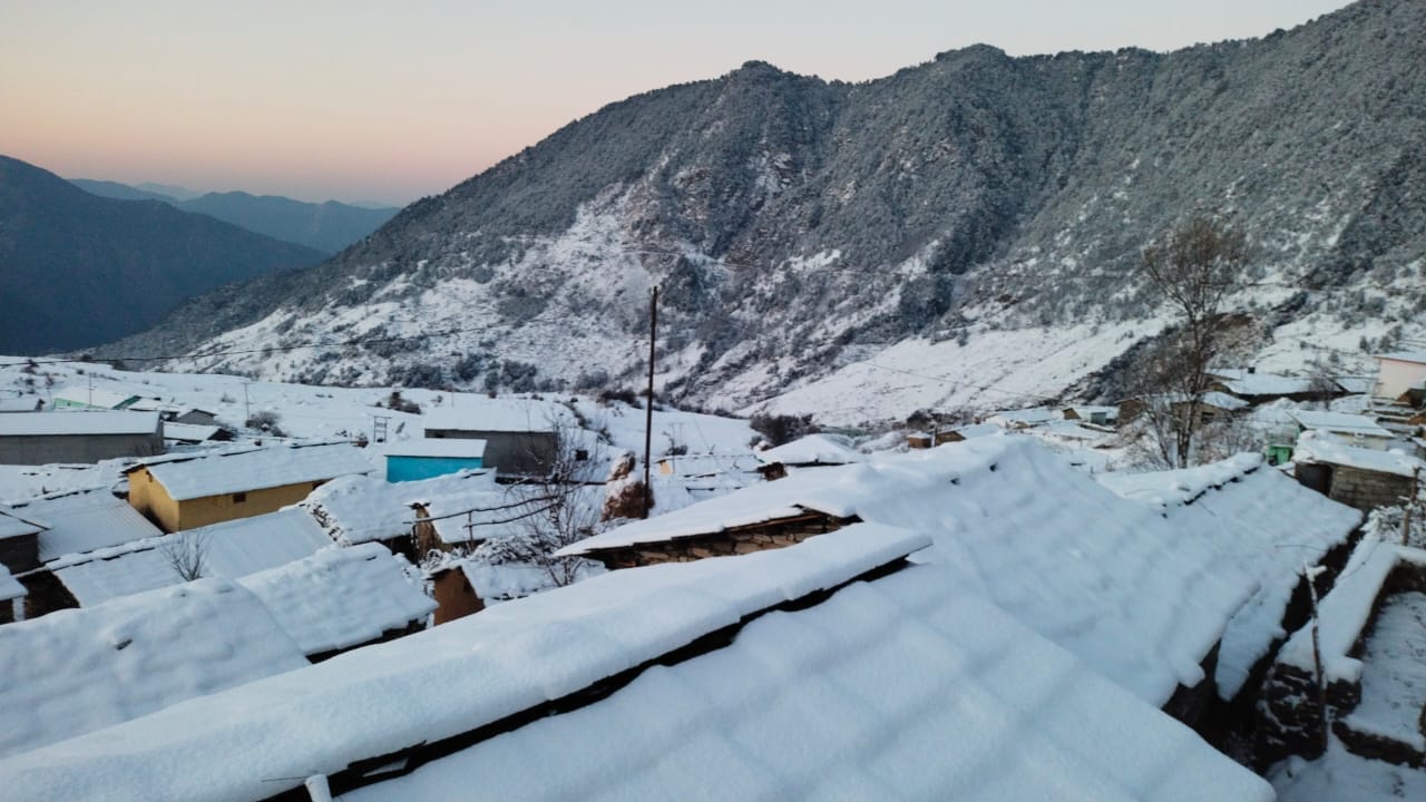 Uttarakhand Weather Snowfall on Hilly Areas , Village and Roads Covered with Heavy Snow Photos