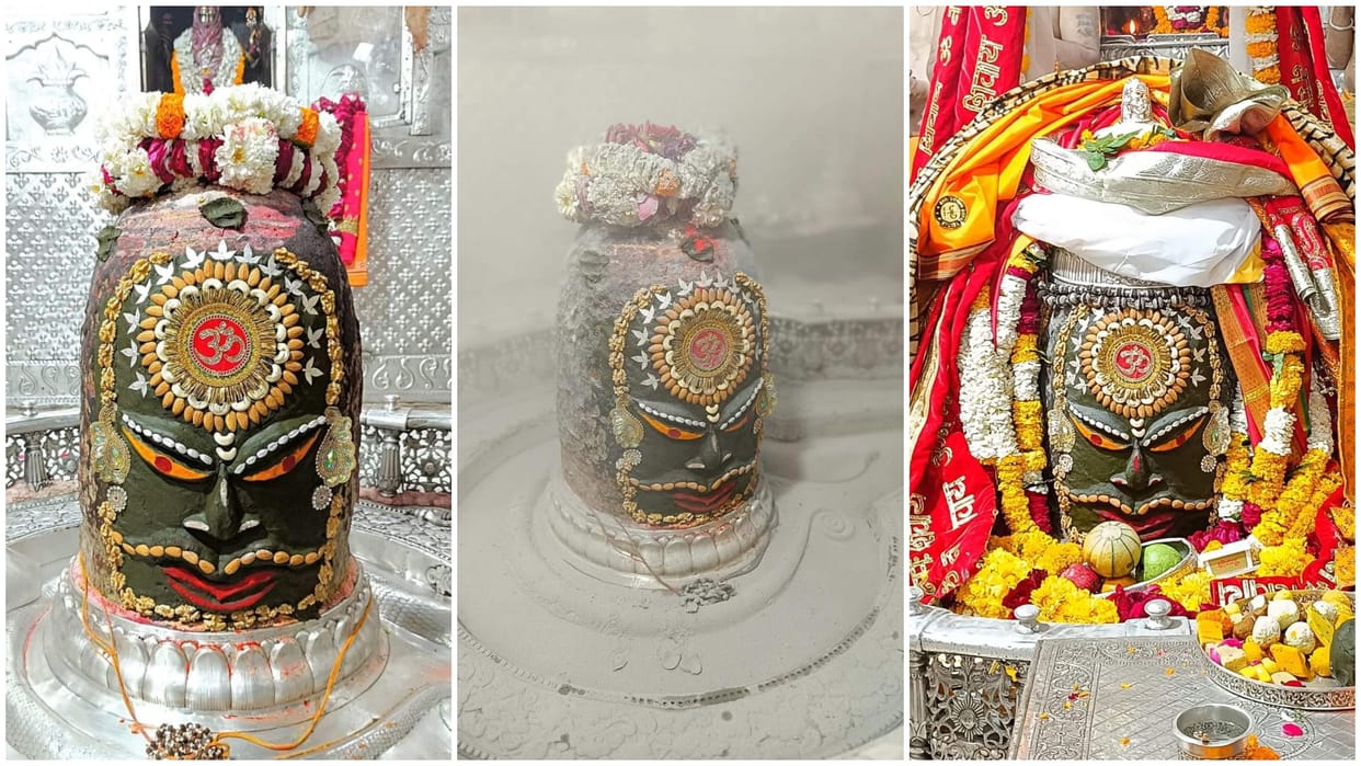 Baba Mahakal adorned with a silver crown and Rudraksh garland turban in Bhasma Aarti