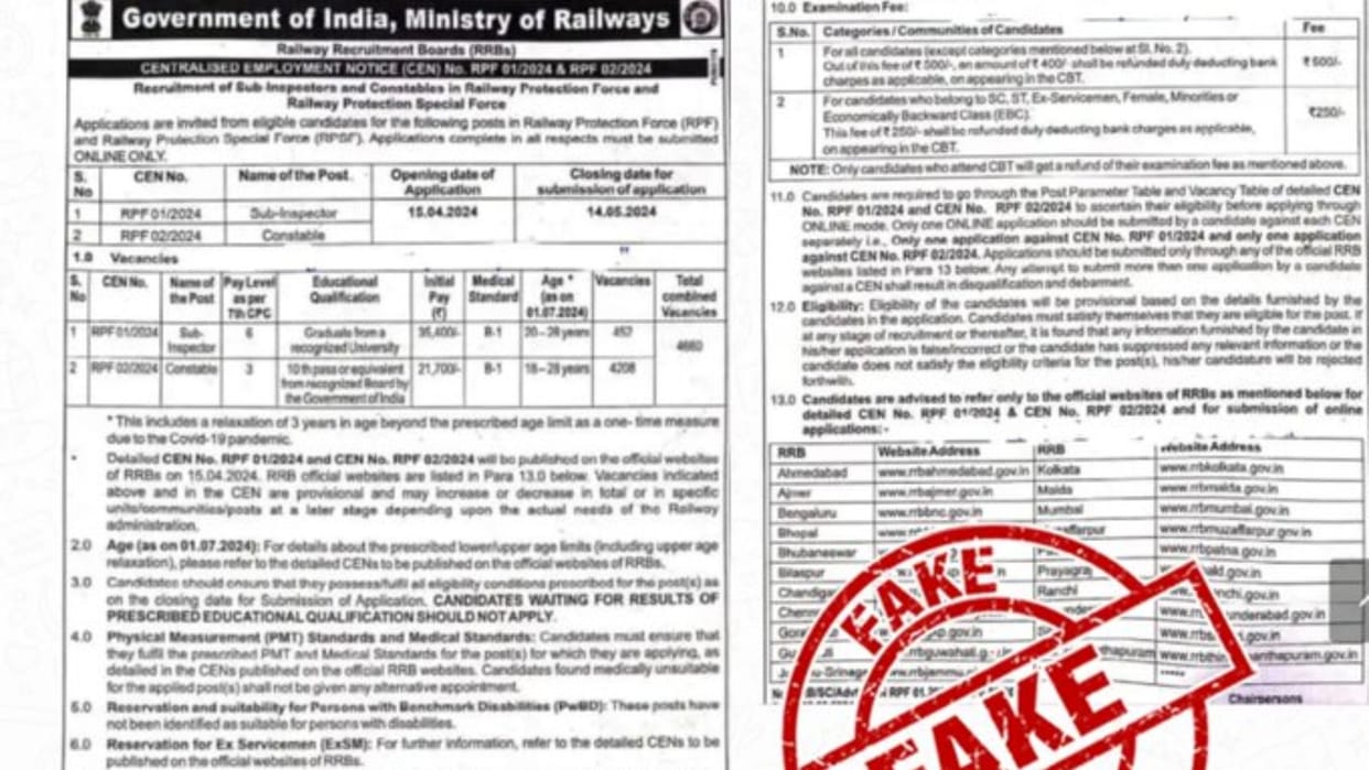 RRB RPF recruitment notice for SI Constable vacancies are fake, PIB Fact Check team confirms